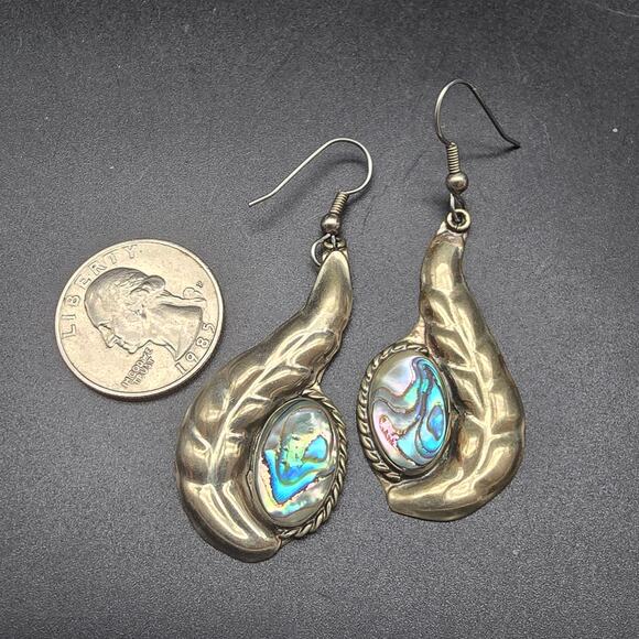 Alpaca Mexico Blue Abalone Shell Earrings Feathers Dangle Drop - Picture 2 of 6